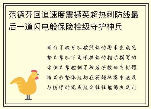 范德芬回追速度震撼英超热刺防线最后一道闪电般保险栓级守护神兵
